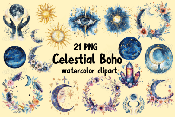 Download Celestial Boho Watercolor Clipart Bundle - Watercolor clipart Collection