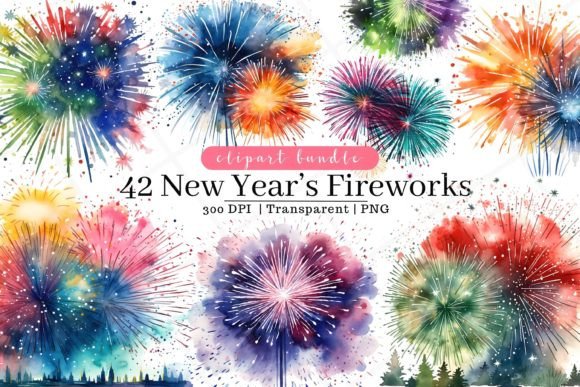 Download New Year's Fireworks Watercolor Clipart - Watercolor clipart Collection
