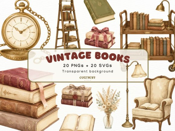 Download Vintage Books Watercolor Clipart PNG SVG - Premium Resources