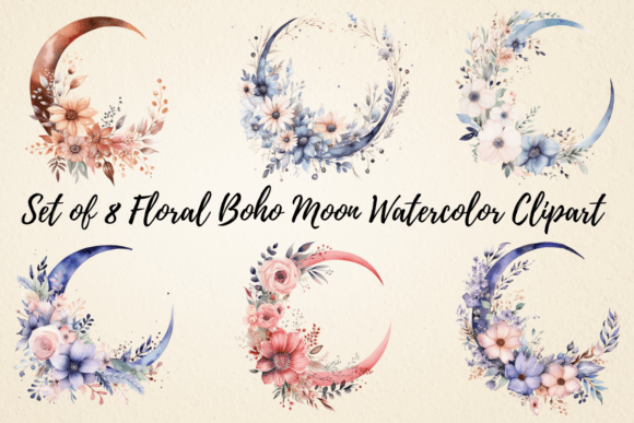 Download Floral Boho Moon Watercolor Clipart - Watercolor clipart Collection