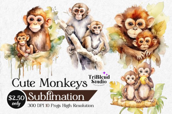 Download Cute Monkeys Watercolor Cliparts - Watercolor clipart Collection